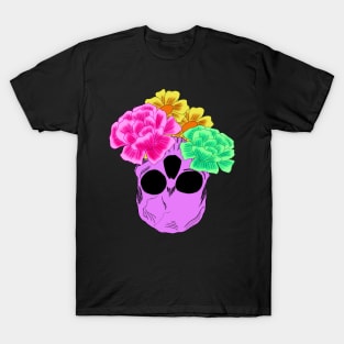 Bright Neon Purple Upside Down Skull Wit Neon Pink Neon Green and Yellow Flowers T-Shirt